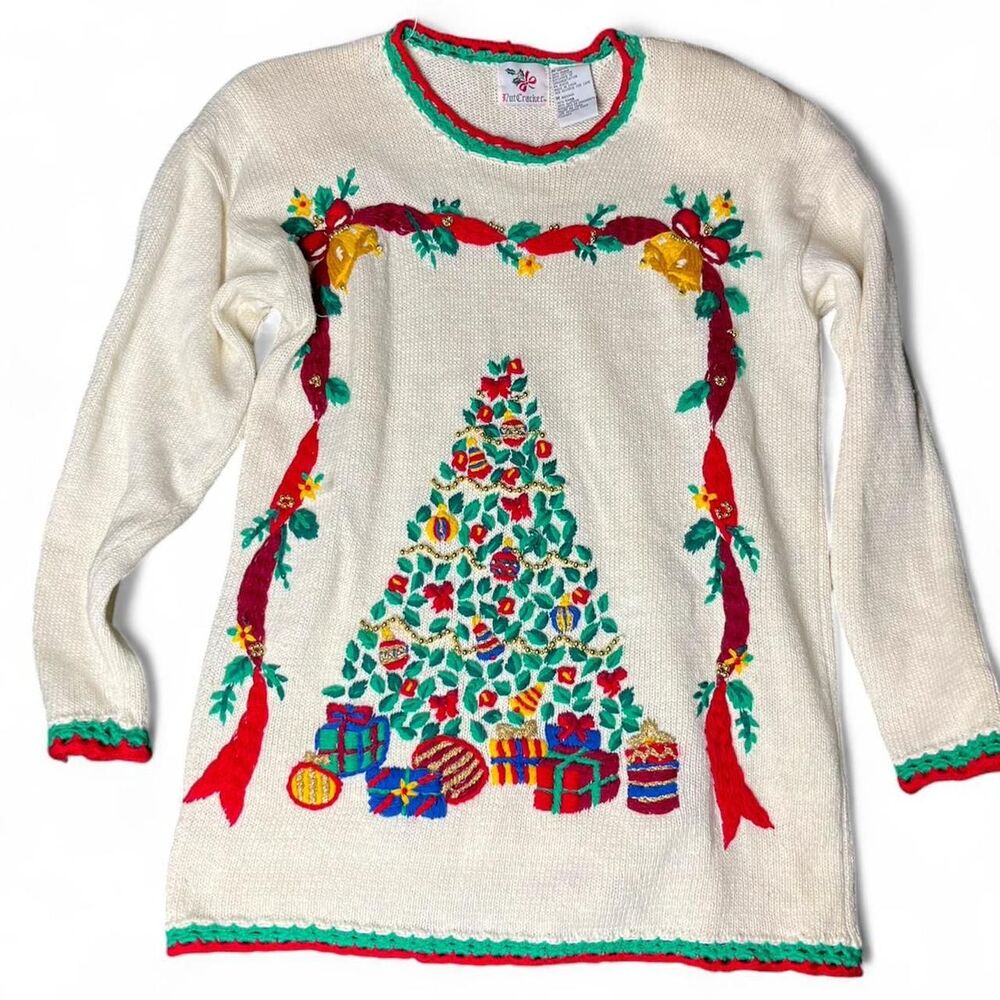 VTG 1980s Nutcracker Christmas Tree Knit Sweater | White Cottagecore L